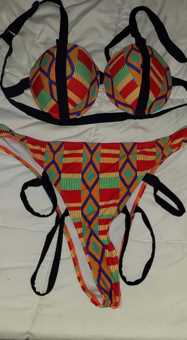 Colorful Geometric Print Bikini Set - Red & Green
